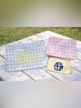 Gingham Zip Pouch Set in Pastel Blue, Pink & Yellow